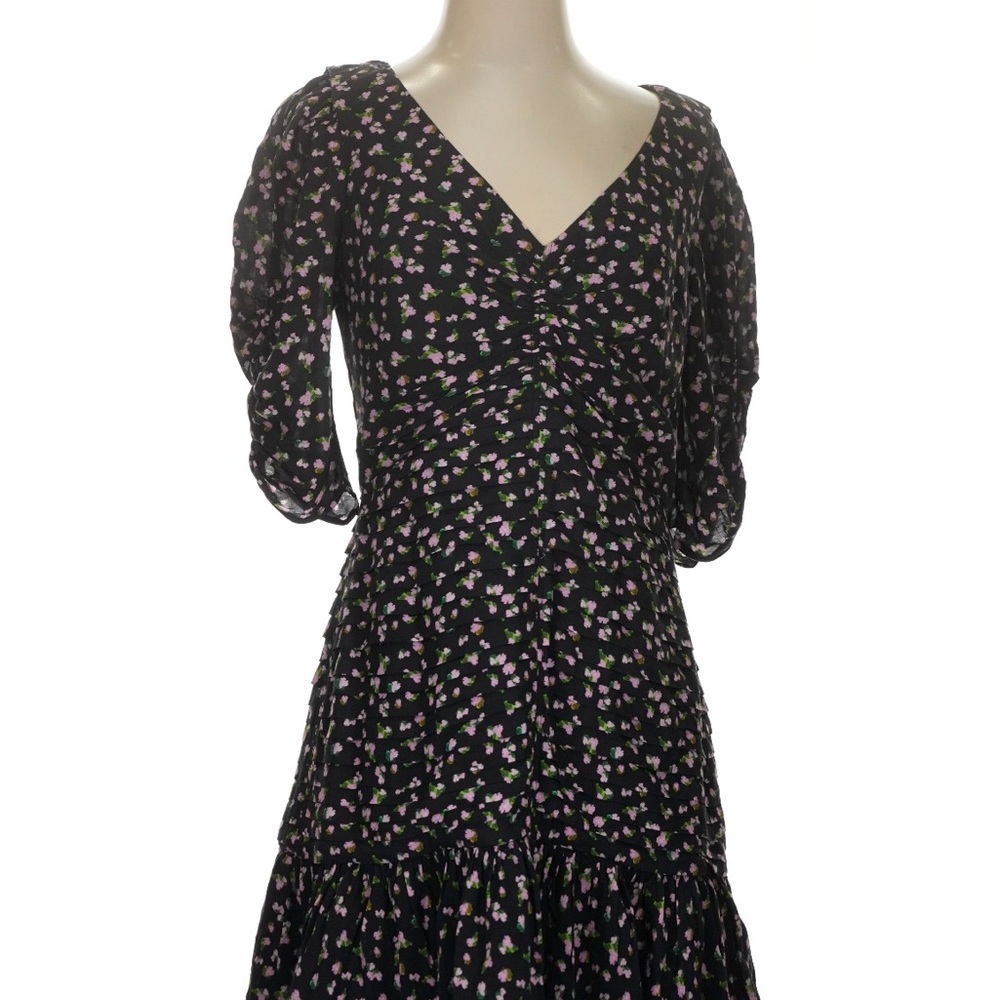 Tanya Taylor Black Floral V-Neck Midi Dress